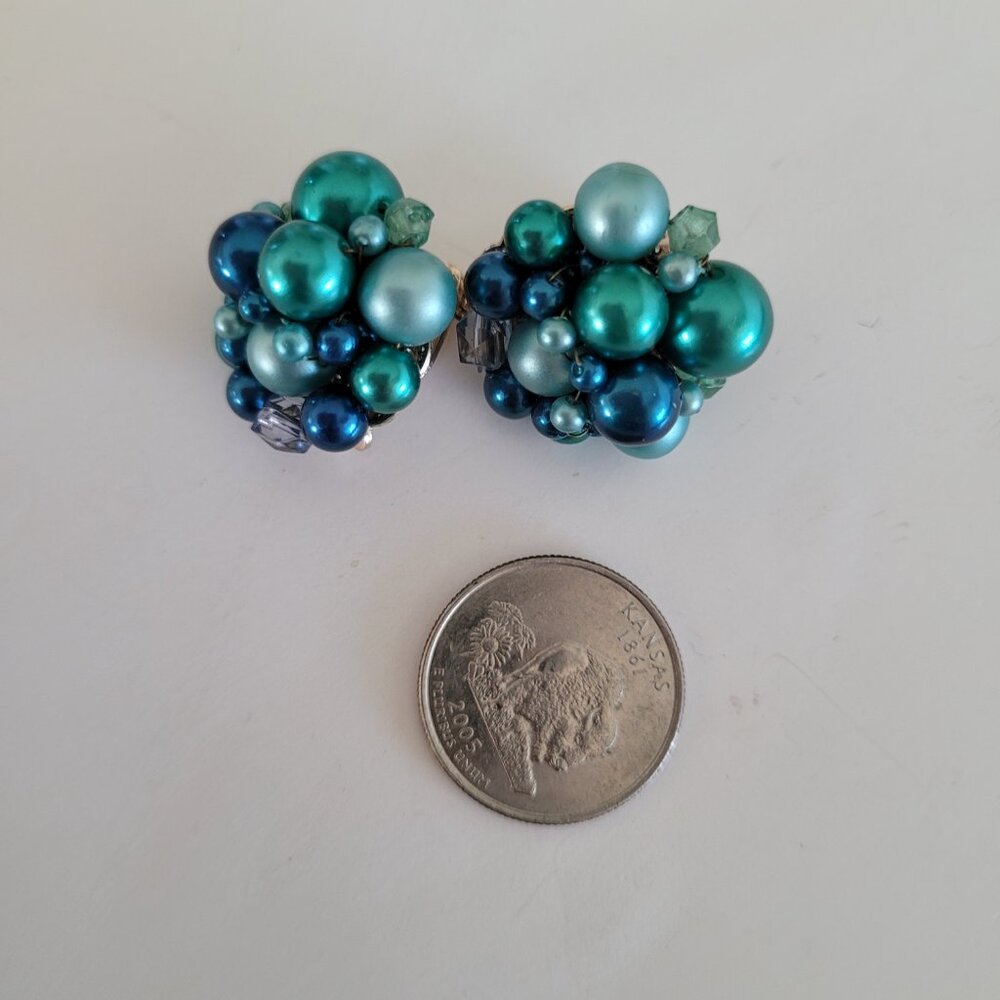 Japan Vintage Plastic Bead Multi Strand Necklace Cluster Earrings Set Blue Green - Picture 7 of 8